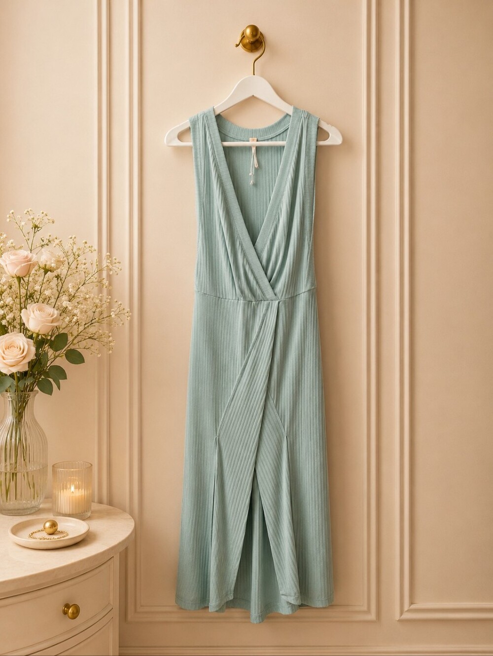 NWOT Free People Small Ribbed Sleeveless Wrap Maxi Dress in Sage